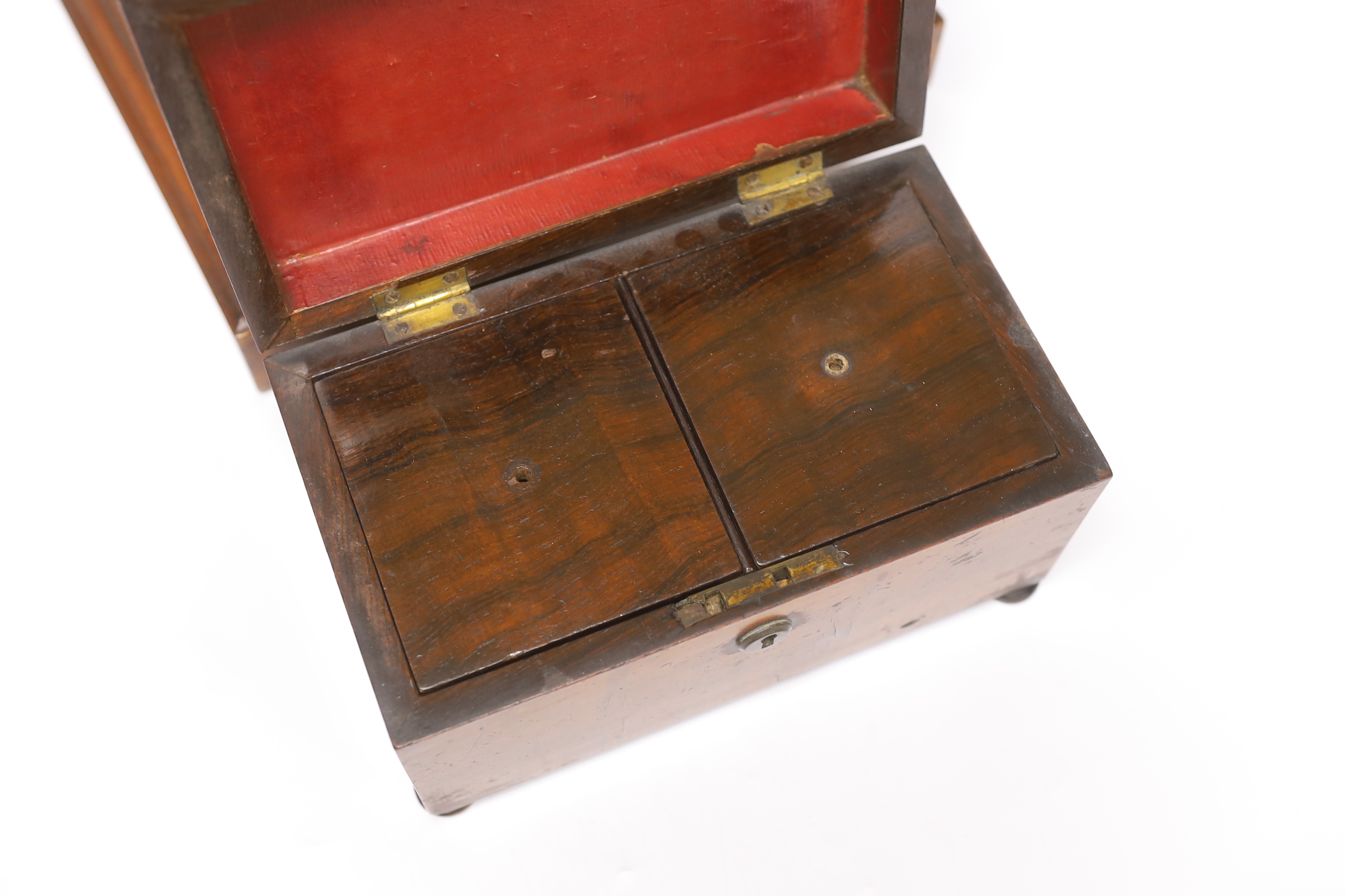 A small Victorian three drawer walnut cabinet, together with a mahogany tea caddy, cabinet 35.5cm x 30cm wide